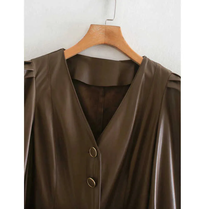 Za outono inverno mulheres marrom vestido de couro faux com cinturão de leopardo manga longa senhoras midi vestidos vestidos 210602