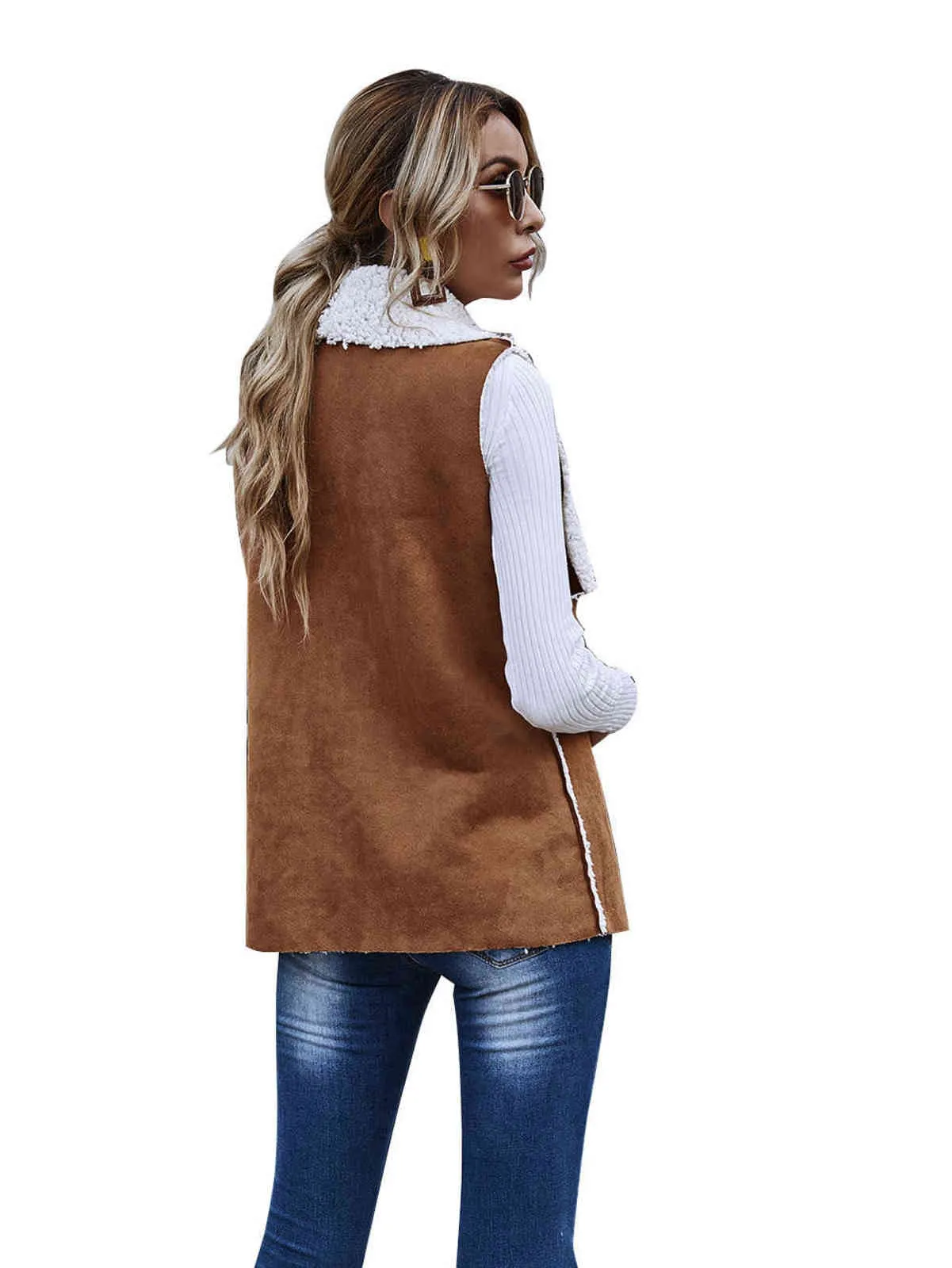 Casual Deux façons de porter un grand gilet de revers de mode sans manches couture simple gilet de laine d'agneau femmes automne hiver manteau en daim réservoir 211120