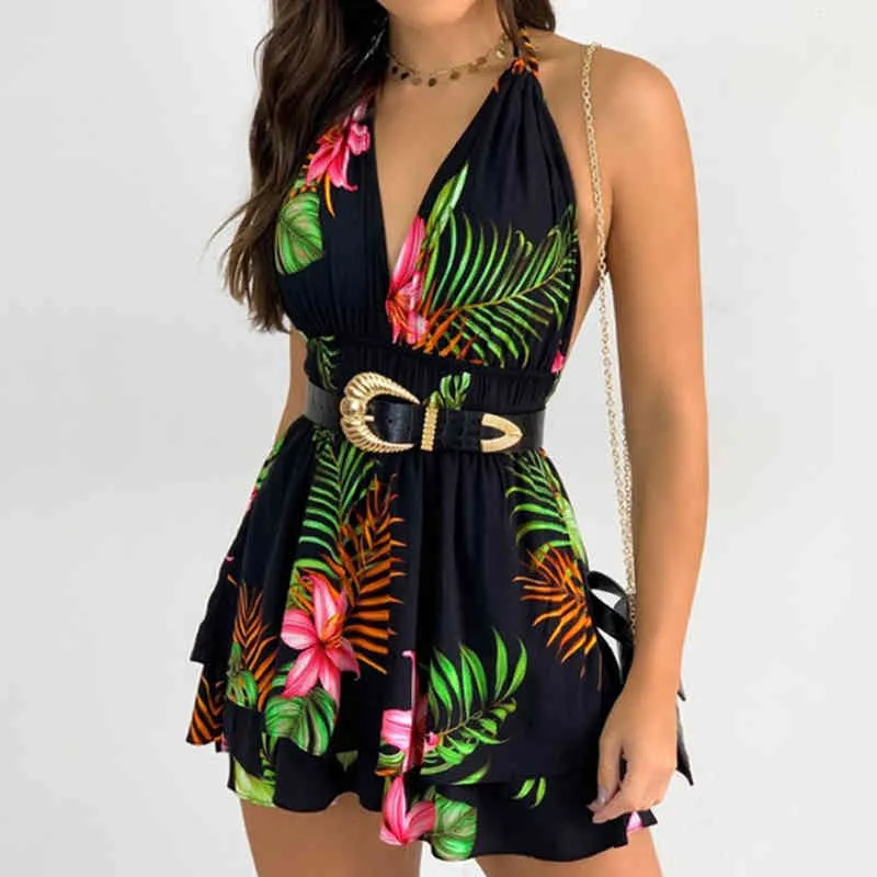 Femmes d'été sexy col en V profond dos nu robe de plage élégante robe de soirée à lacets rétro robe à imprimé floral sans ceinture 210521