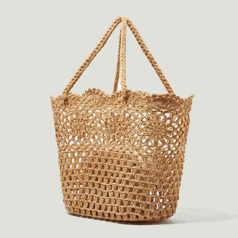 買い物袋の花のわらの編まれた女性の中空大型ハンドバッグ夏のビーチレースバスケットバッグレディースボヘミアアンダーアームバッグ財布220412