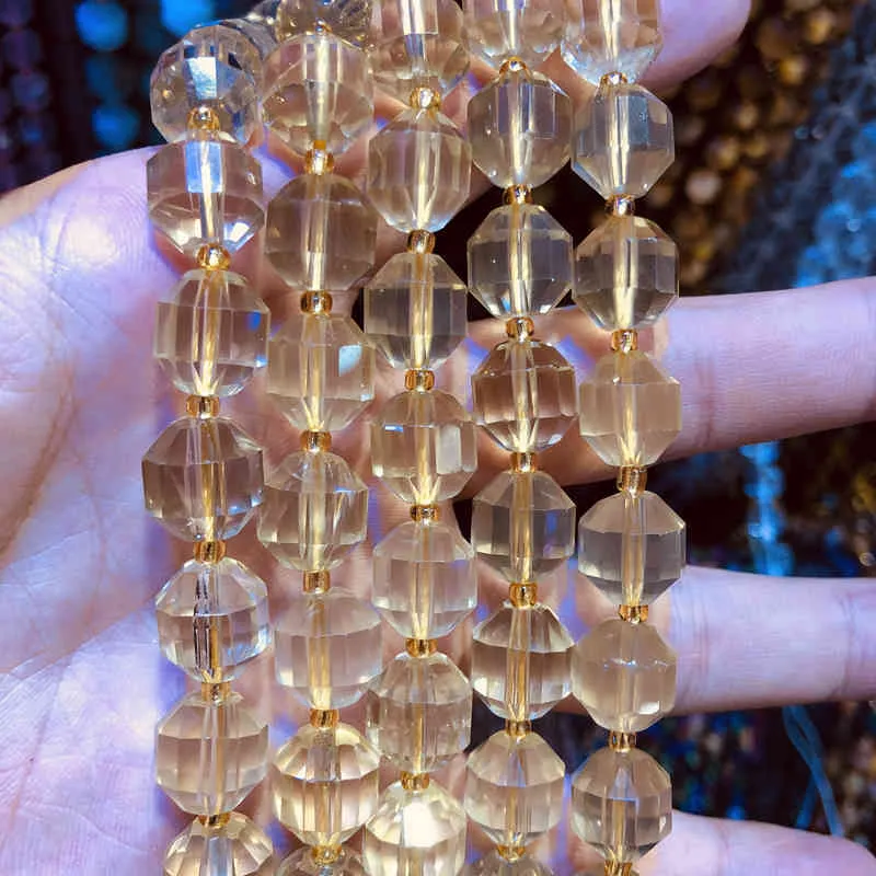 Perline di quarzo giallo con citrini naturali interi, taglio a mano, perline sciolte in pietra preziosa sfaccettata da circa 10 mm gioielli, 1 corda 15,5