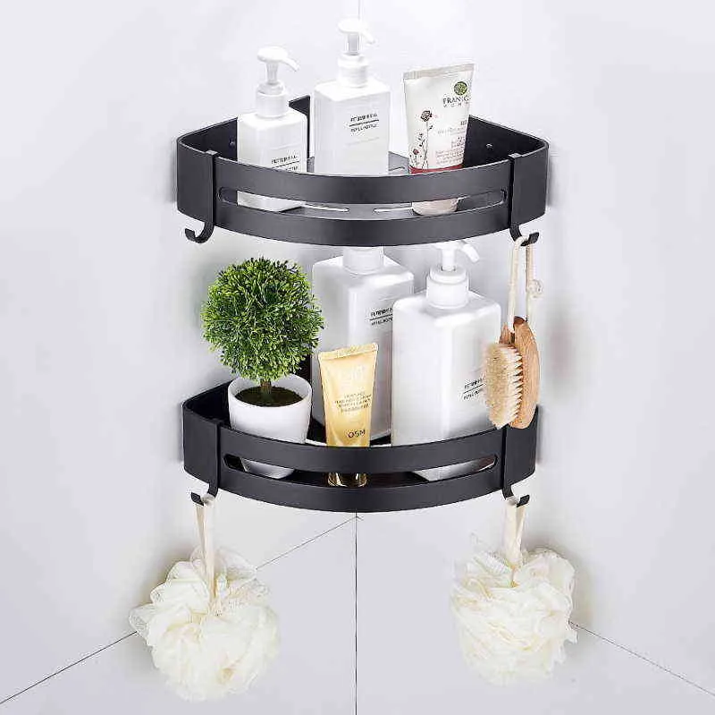 Bathroom Shelves Shower Shelf Bath Corner Shampoo Storage Rack Wall Mounted Aluminum Basket Holder Kitchen Accessories 211112