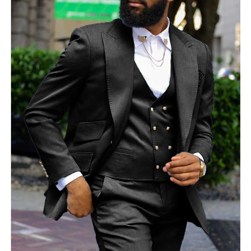 スリムフィットの男性のスーツのダブルブレストベントピークラペルのアフリカの結婚式のタキシードのためのタキシード男性ファッションジャケットパンツx0909