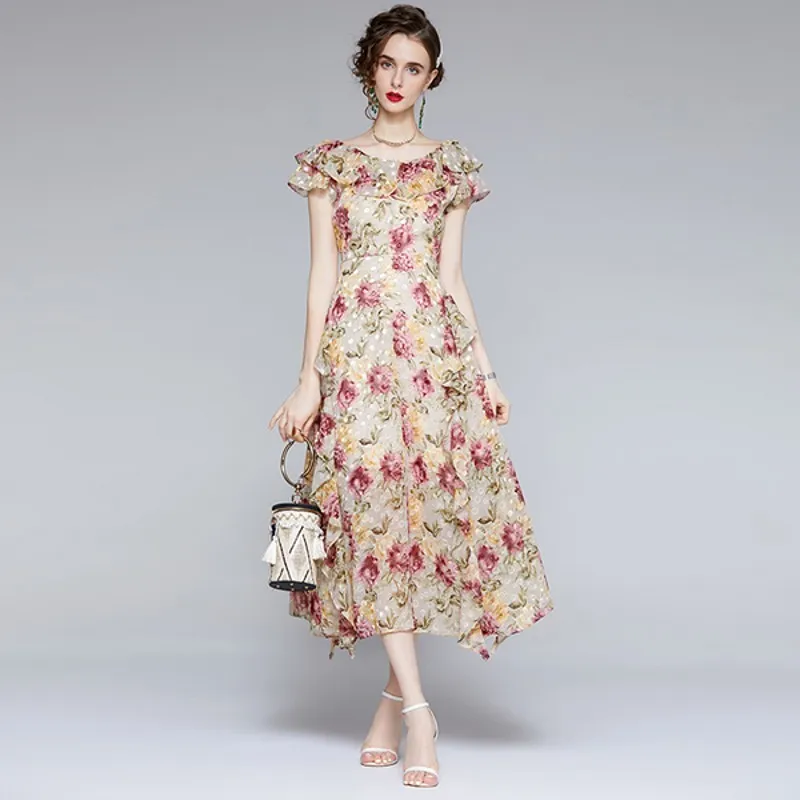 Chic Design Elegant Rose Flower Printted Women Summer Sexy Dew Shouder Slash Neck Ruffles A-Line Long Dresses 210514