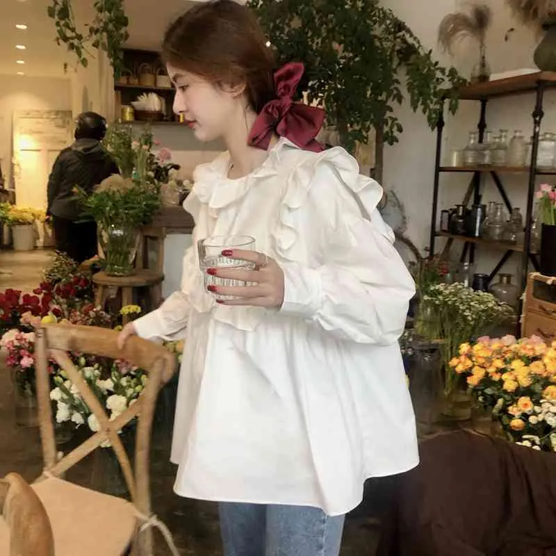 Ezgaga Koreanska Chic Sweet Puff Sleeve Blus Kvinnor Sommar Nya Eleganta Ruffles Solid Loose Girl Fashion T Shirts All-Match 210430