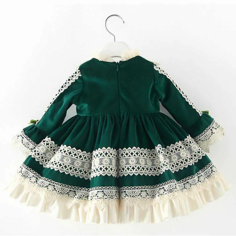 スペインのスタイルの子供たちのドレス女の子の緑のベルベット長袖プリンセスロリータベビー服E8021 210610