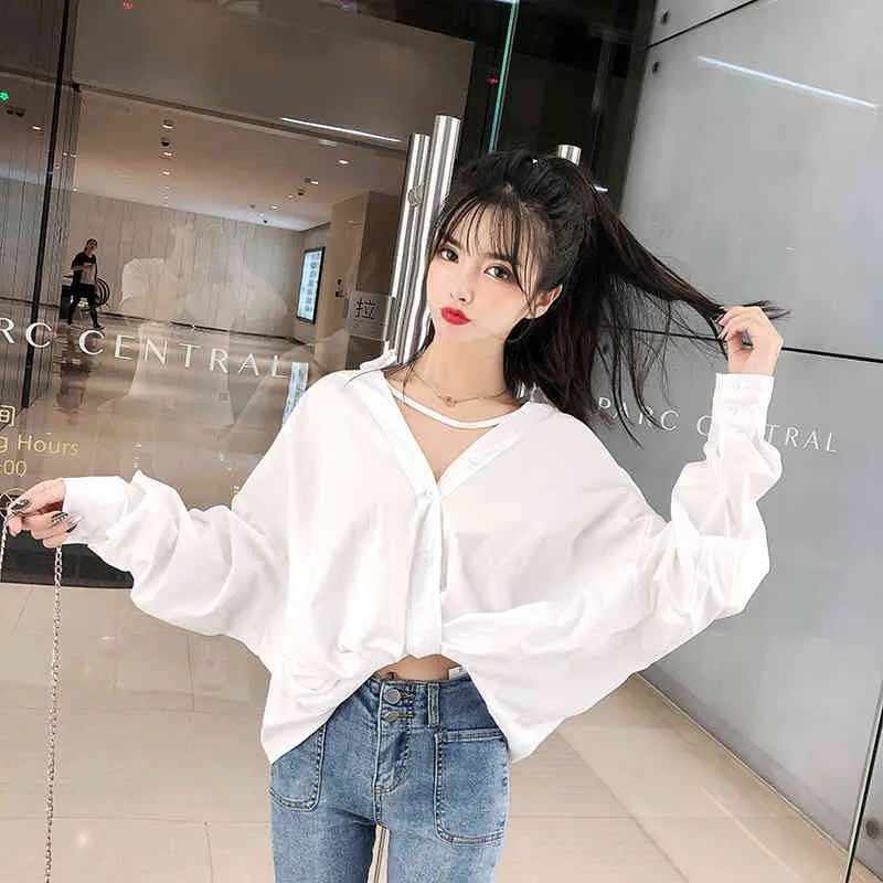 Women Fashion Batwing Sleeve Blouse Summer White Single Breasted V Neck Shirts Office Work Blouse Solid Tops 210514