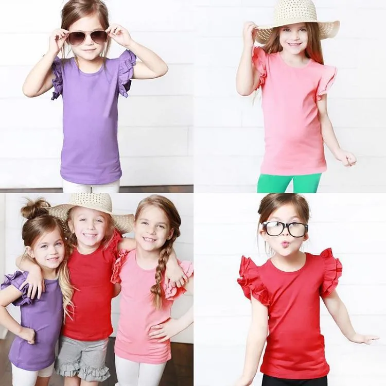Neonate Solid T-shirt Top Tees Ruffle Sleeve Tee Kid Abbigliamento casual Ragazza Camicie in pizzo Estate Toddler Teens Abbigliamento bambini i