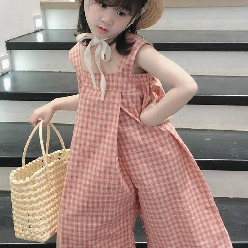 Girls' Summer Pants Plaid Sling Korean Jumpsuit Wide Leg Baby Kids Clothes Children'S Clothing 210625