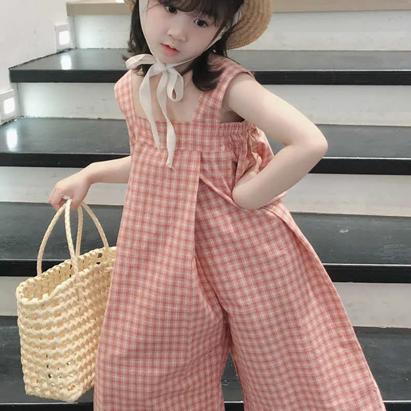 Meisjes zomer jumpsuit plaid sling vierkante kraag overalls mode wijd been broek baby kinderkleding kinderkleding 210625