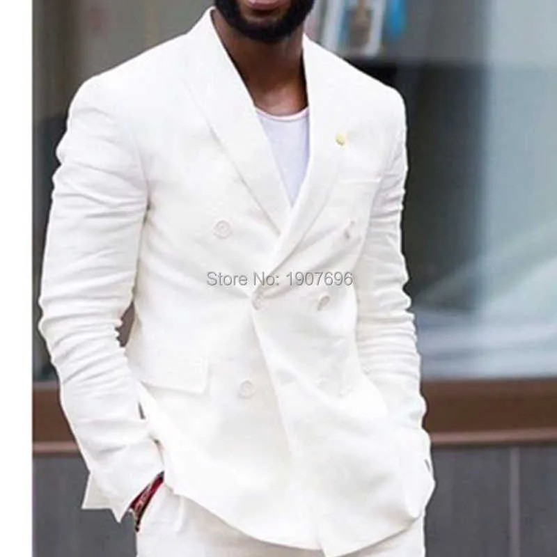 Biała lniana letnie męskie garnitury z podwójnym breaded dwa kawałek Slim Fit Short Spodnie Kurtka Casual Fashion Wedding Groom Tuxedo X0909
