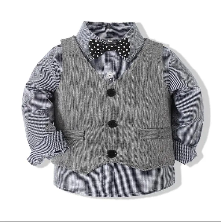 Baby Boy Clothes Birthday Party Baby Costume Boys Gentleman Tie Blue Shirt Vest Pants Autumn Toddler Baby Clothing Set Outfits