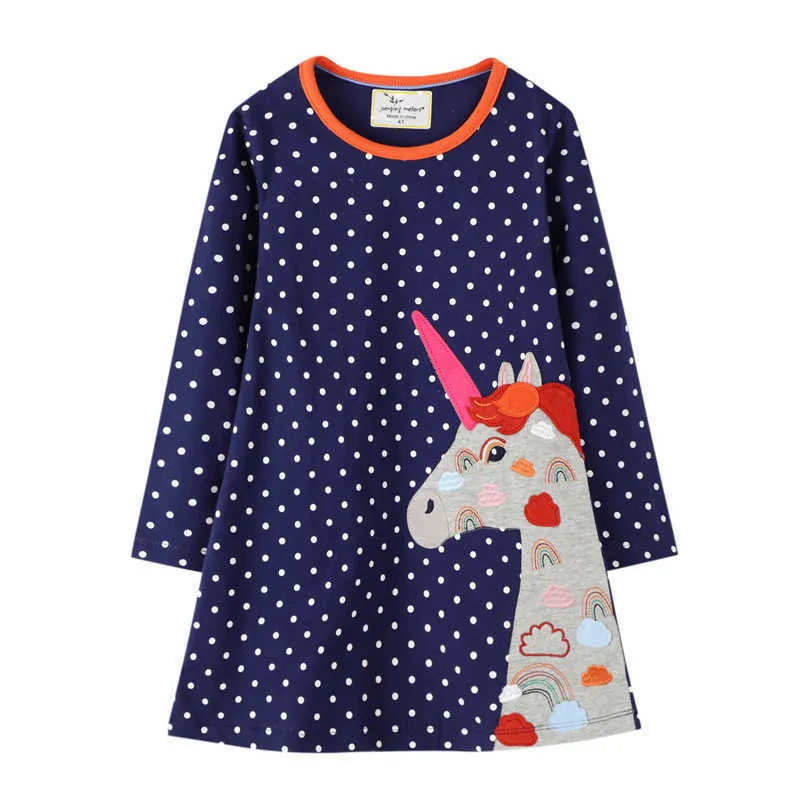 Springende meters Prinses Meisjes Jurk Katoen Eenhoorn Applique Dot Tuniek Schattig Party Baby Kleding Mode Jurken 210529