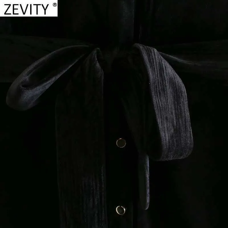 Zevity Frauen Vintage Einreiher Bogen Schärpen Samt Mini Kleid Femme Langarm Casual Business Vestido Hemd Kleider DS4821 210603