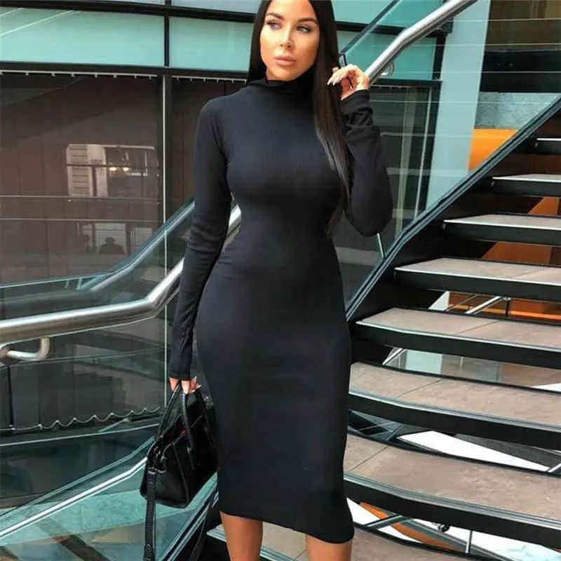 Sexig Skinny Turtleneck Stretch Midi Dress Kvinnor Fall Vinter Håll Varm Långärmad Slim Penna Tjock Vestido 210510