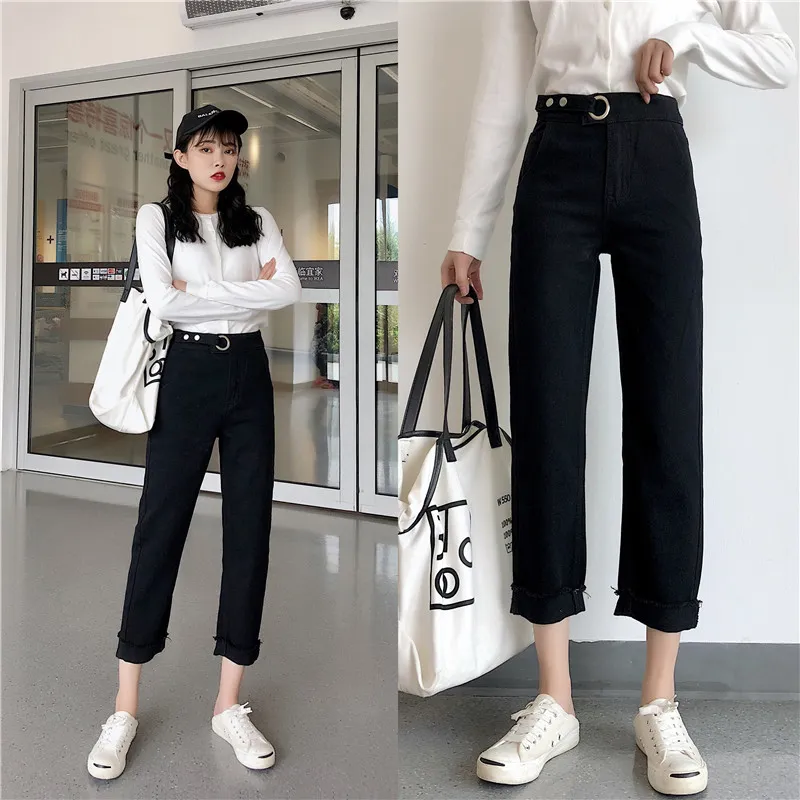 Femmes Jeans Pantalon Style Coréen Lâche Taille Haute Mince Vintage Solide Noir Blanc Droit Cheville-longueur 7284 50 210521