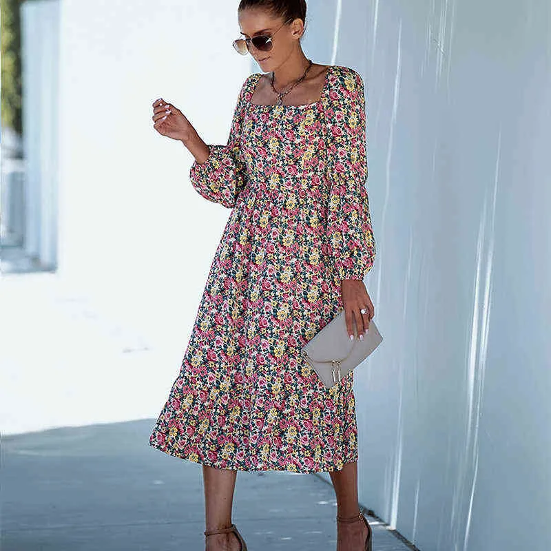 2022 Printemps Nouvelle robe à manches longues Été Femmes Robe longue Dames Élégant Doux Col Carré Imprimé Floral Slim Vacances Sundress Y1204