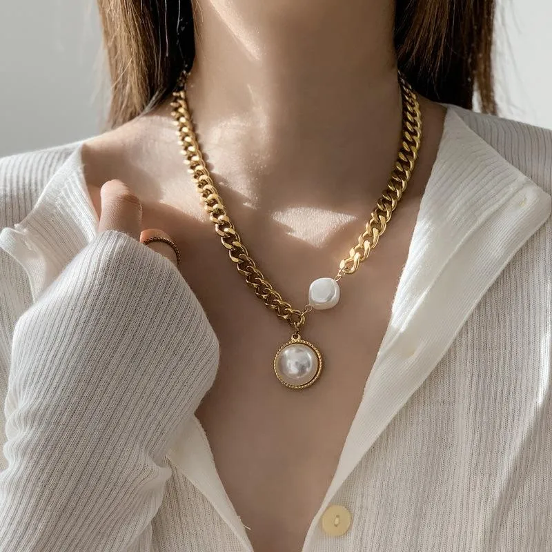 Colliers pendants exagérés or épais chaîne grand collier de perle à la mode