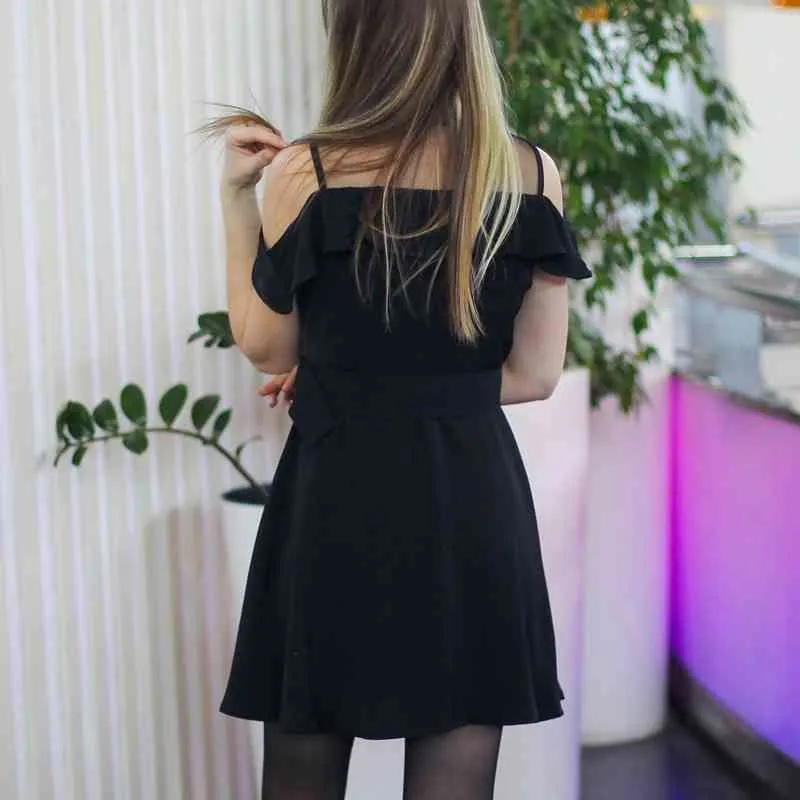 女性の夏のストリートウェアシングルブレストシャツのドレス甘い黒のターンダウンカラーミニショートドレスベルトvestidos 210514