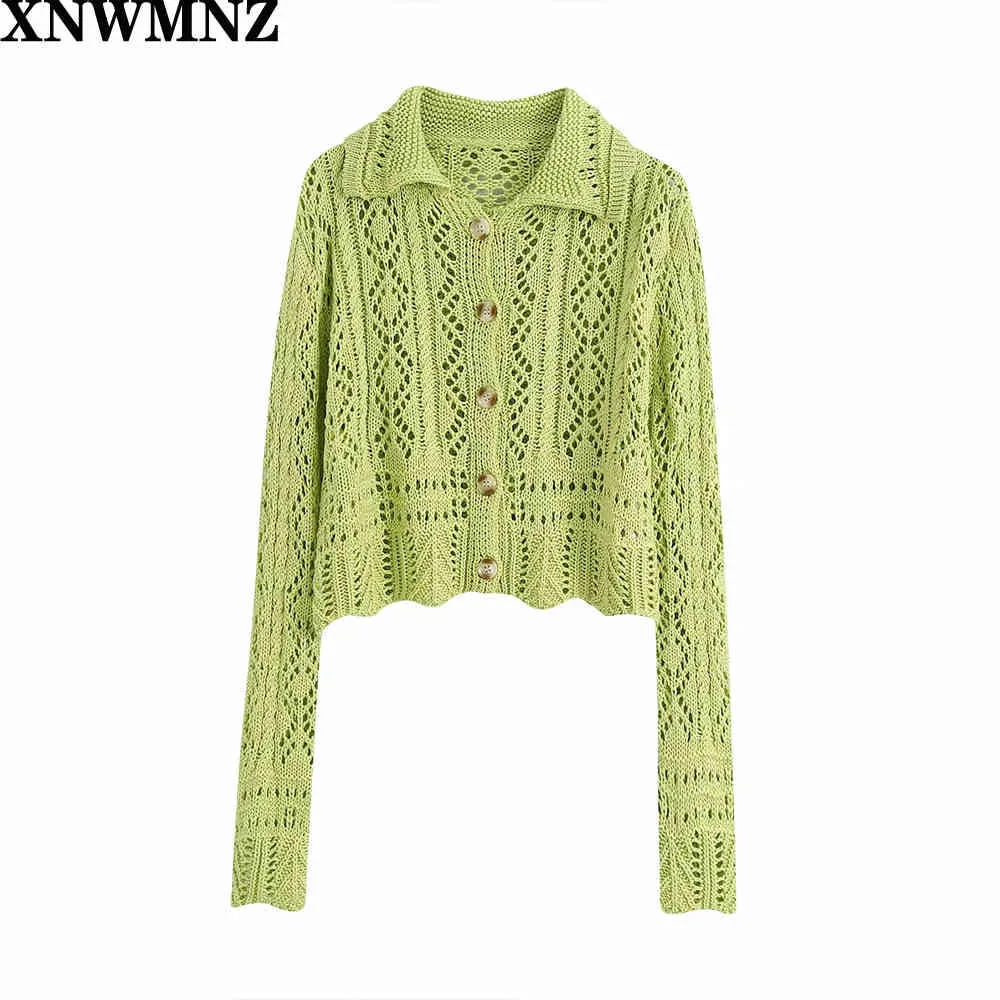 Cappotto da giacca in maglia cava sexy verde autunno Donna Coreano Chic Button Solid Casual Maglione corto Cardigan Donna Top 210520