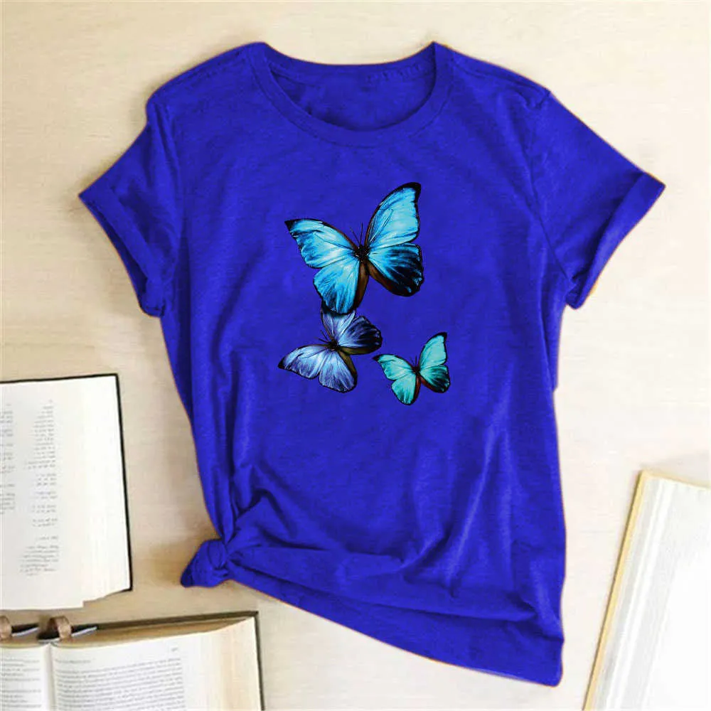 Blau Monarch Schmetterling Gedruckt Frauen T-shirt Baumwolle Harajuku Lose T Shirt Frauen Casual Streetwear Oansatz Tops Kleidung X0628