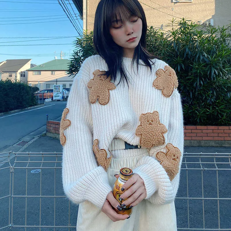 Hwlzltzht koreanska lösa tröja cartoons print kawaii pullovers japanska stickning jumpers vinter långärmad mjuk 211018