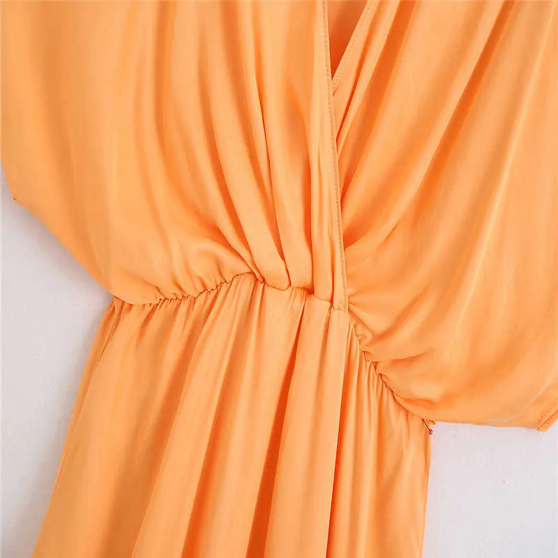 ZA Satin Summer Dress Women V-neck Wrap Front Short Sleeves Elastic Waist Feminine Elegant Slim Mini Dresses 210602