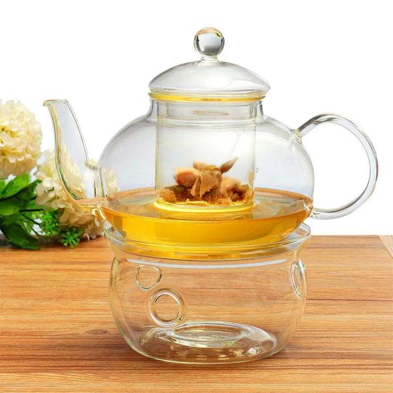 600ml Teapot Set Heat-resistant Glass with Round Candle Holder cup Flower Chinese Kung Fu Pot ware Gift 210621