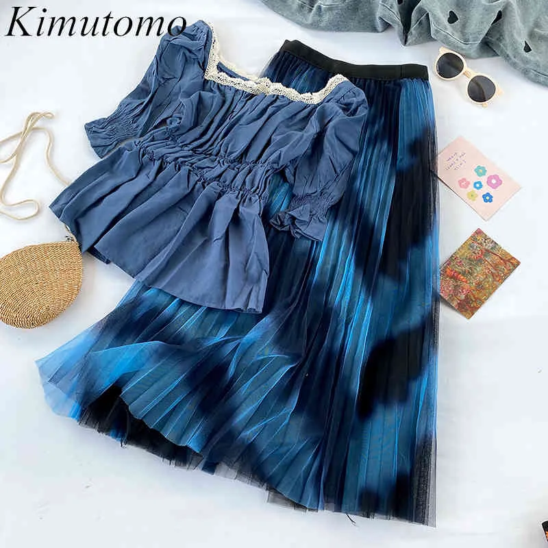 Kimutomo elegant söta tjejer kostym spets kvadrat krage smal blus + hög midja vild färg matchande smudge randar pläterad kjol 210521