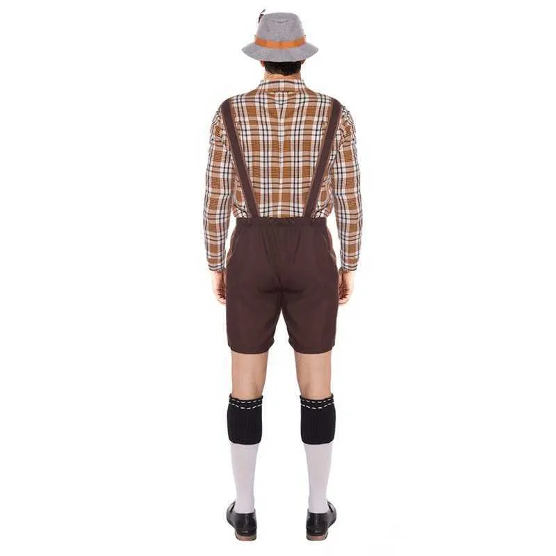 Duitsland Oktoberfest Bier Man Lederhosen Kostuum Halloween Beierse Carnaval Party Cosplay Brethers Shorts Shirt Hoed Set X0909