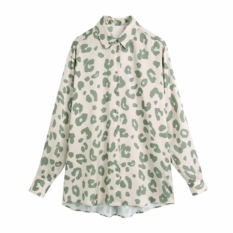 Vuwwyv Green Animal Print Satijnen Shirt Dames Blouses Button Up Collar Shirts Lange mouw Vintage Plus Size Dames Tops 210430
