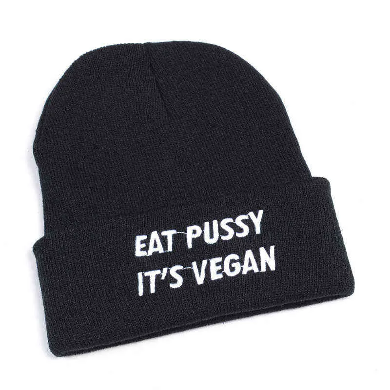 Ät fitta sin vegansk bokstäver broderi kvinnor beanie casual bomull hipster rolig varm vinter stickad hatt unisex tecknad skidlock y21111