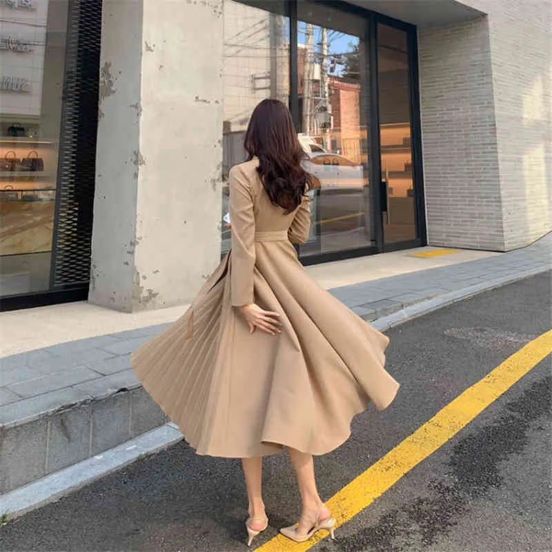 Vintage Winter Solid Women A-Line Dress Casual coreano scollo a V vita alta abiti a metà polpaccio eleganti telai manica lunga abito impero X0521