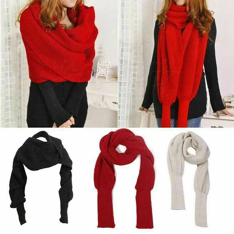 Halsdukar mode kvinnor dam stickad tröja toppar halsduk med ärm wrap vinter varmt sjal svart beige green red291q