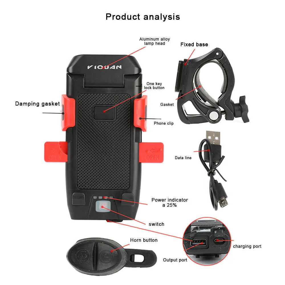 Bil multifunktion 4 i 1 cykel cykel ljus USB laddningsbar LED-cykel strålkastare cykel horn telefonhållare powerbank cykling ljus269d