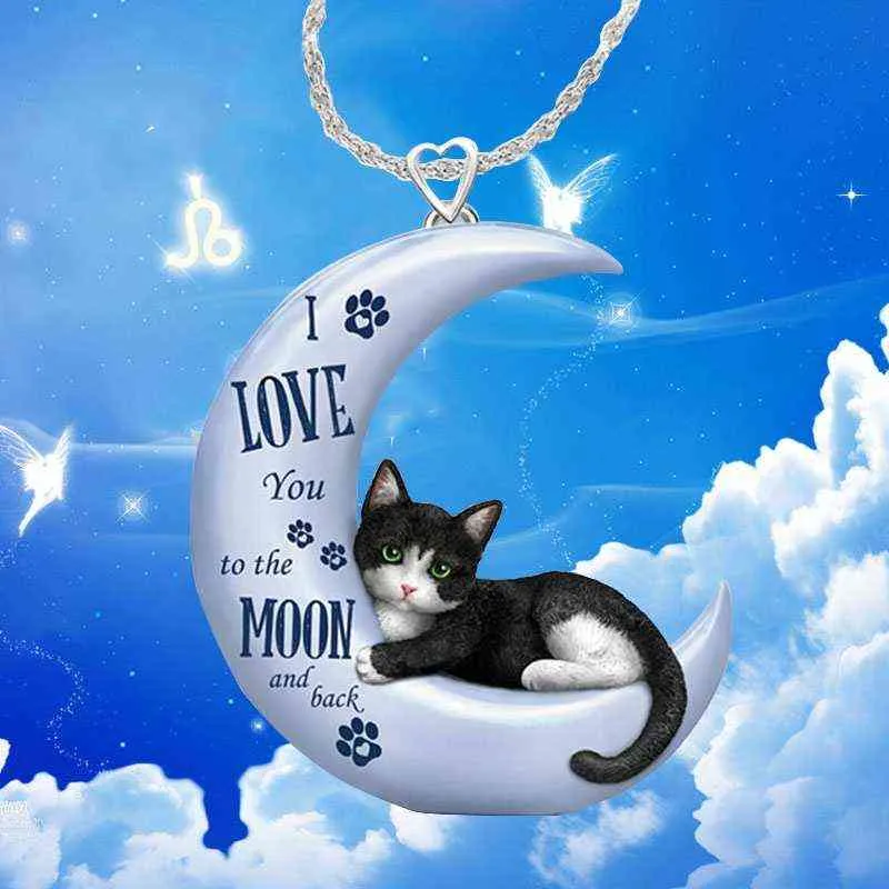 Collier pendentif chat lune bleue exquis pour femmes, pendentif croissant mignon, bijoux de fiançailles de mariage, cadeau pour fille G12235G