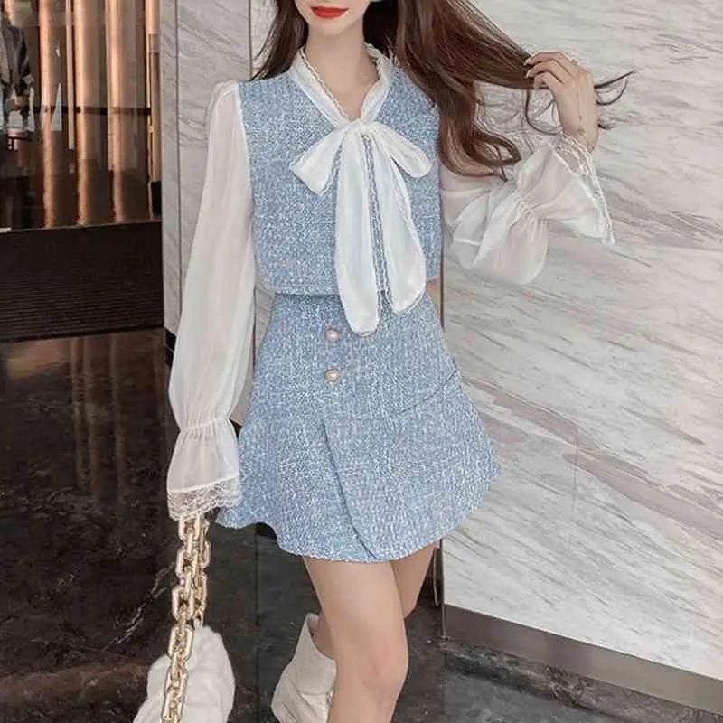 Ezgaga Sexy Chiffon See-through Patchwork Tweed Two Piece Set Women Mini Skirts Ribbon Bow Elegant Blouse Office Lady Party 210430