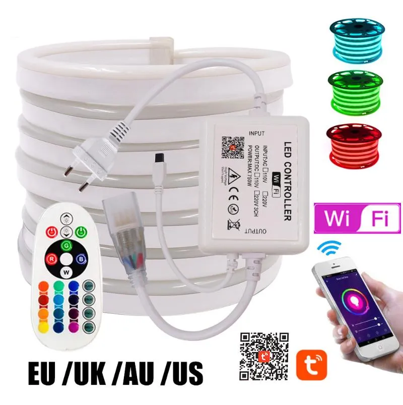 Bandes WIFI contrôle RGB néon bande lumière lampe étanche 2835 blanc chaud Flexible LED corde EU UK AU 220 V US 110V203u