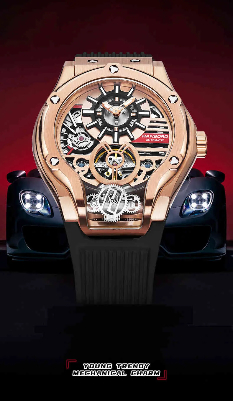Hanboro Watch Brand Limited Edition Automatic Automatic Mechanical Men Hotes Flywoel Luminous Fashion Man Clock Reloj Hombre2778841