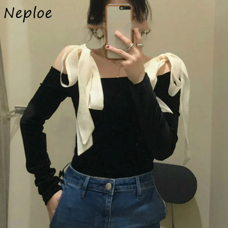 Slash nek Strapless Shoulder Velour Blouse Dames Bow Lace Up Design Slim Fit Blusas Spring Shirt Feminino 210422