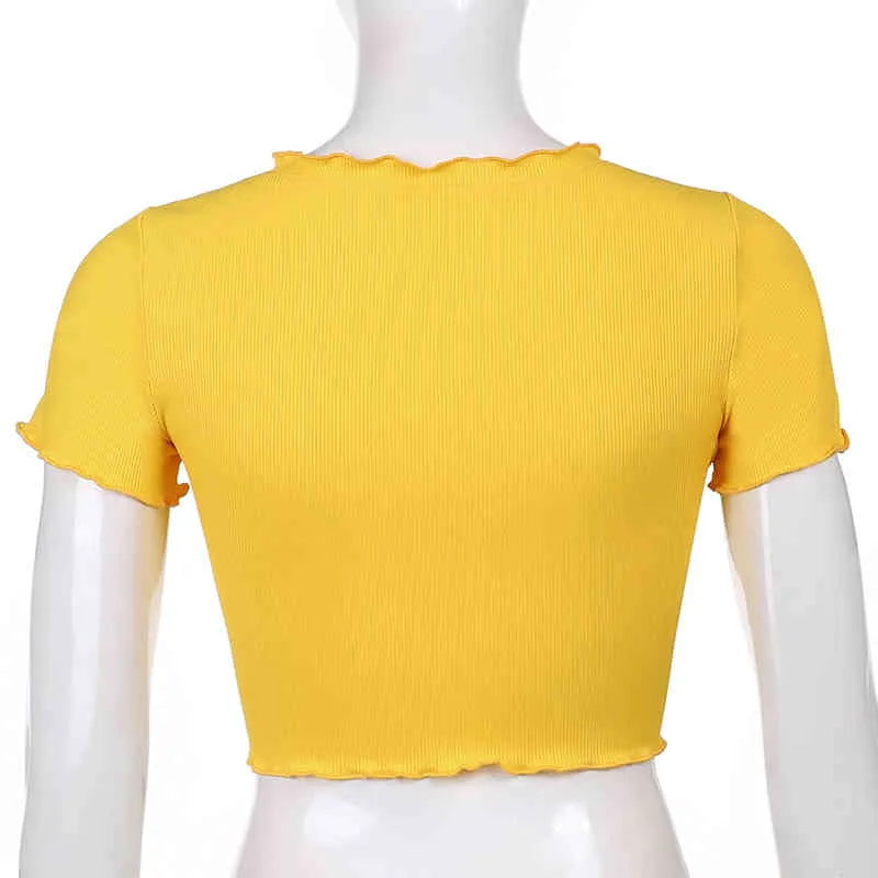 リブ付きニットフリルY2Kクロップトップ半袖レディースTシャツ女性夏ボタンアップカジュアルな基本的なティーシャツストリートウェア210510