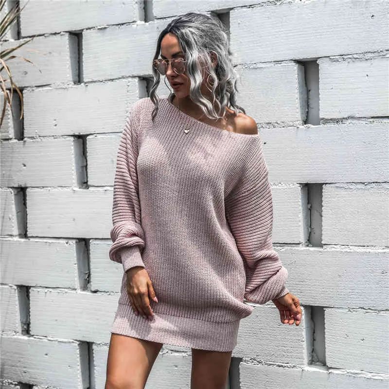 Kobieta Dzianiny Dress Jesień Mini Casual Sexy Off Ramię Solidne Luźne Długoszechowe Proste Sweter Sukienki Streetwear 210520