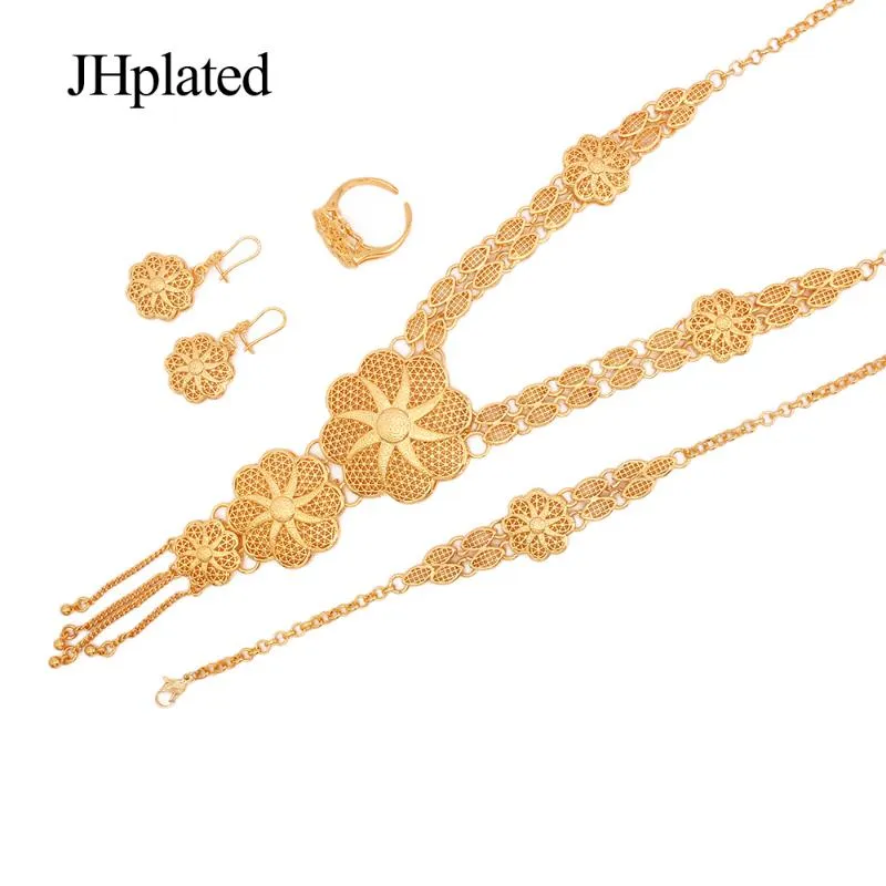 Dubai Hawaiian 24K Gold Plated Bridal Jewelry Sets Necklace Earrings Bracelet Rings Gifts Wedding Jewellery Set For Women &207j
