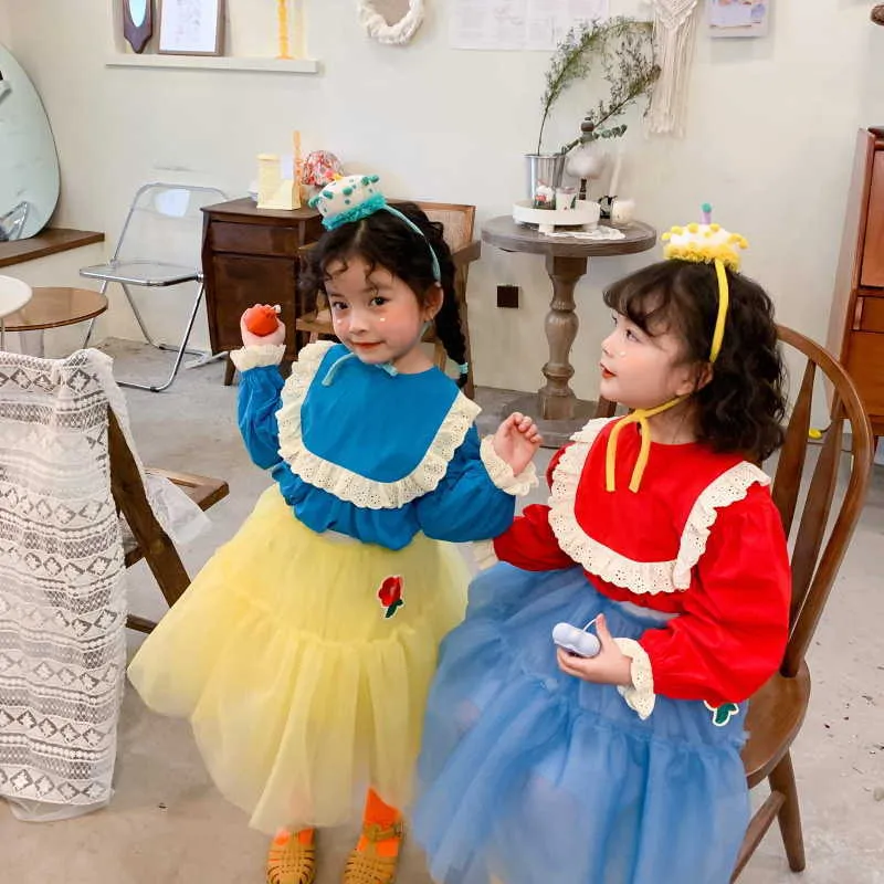 Primavera estilo coreano bebê menina 2-pcs sets mangas compridas camisas de renda + tutu flores saias crianças roupas e671 210610