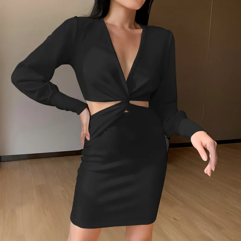 Women Deep Sexy X-shaped V-neck Dresses Cross Hollow Dress Bubble Sleeve Sexy Spring Slim Casual Fashion Solid Mini Dress 210422