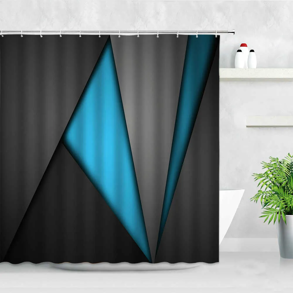モダンなシンプルな防水シャワーカーテン灰色の黒い縞模様のグラデーションカラー幾何学模様クリエイティブなバスルームの装飾カーテンセット210609