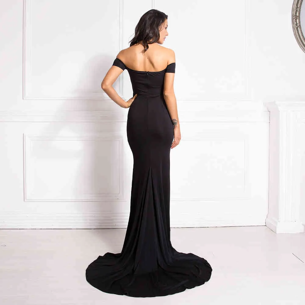 Sexy hors de l'épaule Slash Neck Mermaid Maxi Dress Rembourré Bodycon Split Rouge Dos Nu Long Noir Étage Longueur Robe De Maternité 210325