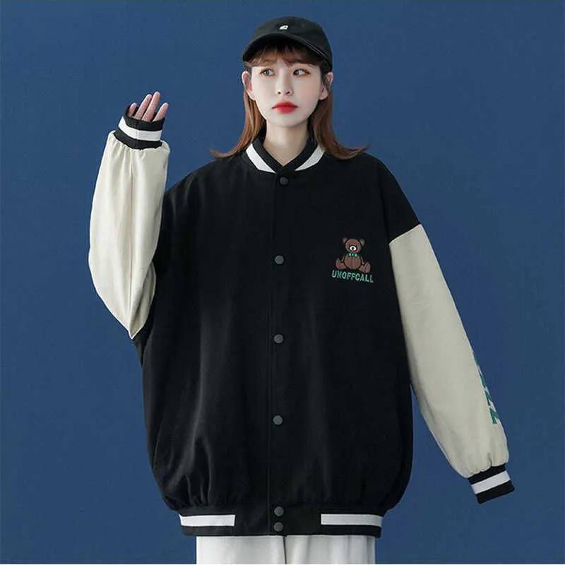 Printemps Streetwear Harajuku BF Baseball Manteau Femmes Simple Poitrine Spliced Automne Bomber Veste Vêtements 210531