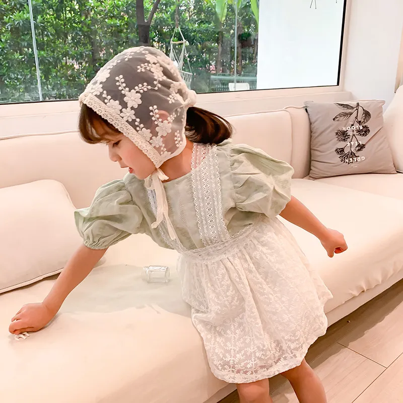 Girls summer fashion Court style retro jacquard blouses knitted cotton puff sleeve Tops 210508