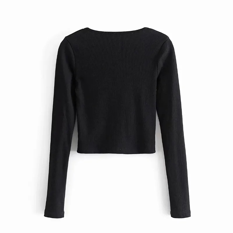 Spring Women Square Collar Black Stickning Short T Shirt Casual Femme Långärmad Slim Crop Tops T1390 210430